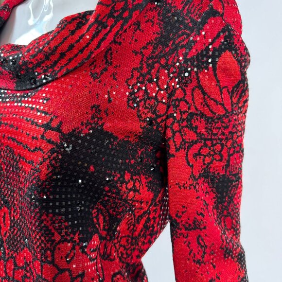 St. John Vintage Evening Red & Black Floral Sequin Knit Top Size Small - Picture 3 of 16